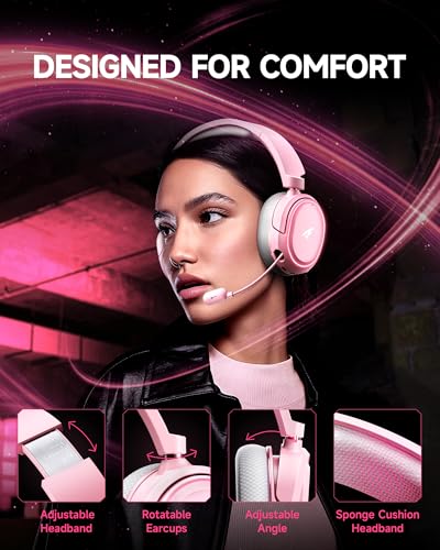 Wireless Gaming Headset, 7.1 Surround Sound, 2.4GHz USB Gaming Kopfhörer mit Bluetooth 5.4, 100H Akku, ENC Noise Canceling Mic, RGB Licht, Wireless Headset für PC PS5 PS4 Mac Switch (Weiß-Rosa) Bild 6