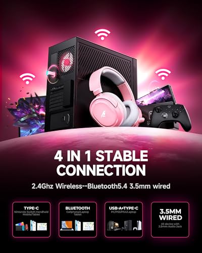Wireless Gaming Headset, 7.1 Surround Sound, 2.4GHz USB Gaming Kopfhörer mit Bluetooth 5.4, 100H Akku, ENC Noise Canceling Mic, RGB Licht, Wireless Headset für PC PS5 PS4 Mac Switch (Weiß-Rosa) Bild 7