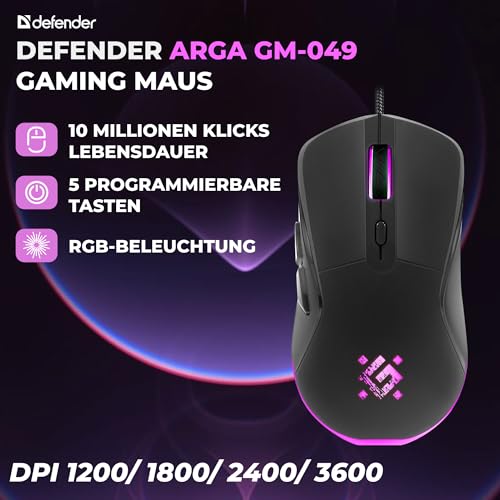 Defender Arga GM-049 - Gaming Maus kabelgebunden, RGB-Beleuchtung, 4 DPI-Stufen 1200–3600, 5 programmierbare Tasten, ergonomisch, optischer Sensor, beleuchtetes Scrollrad, inkl. Mauspad Bild 2