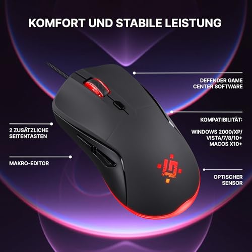 Defender Arga GM-049 - Gaming Maus kabelgebunden, RGB-Beleuchtung, 4 DPI-Stufen 1200–3600, 5 programmierbare Tasten, ergonomisch, optischer Sensor, beleuchtetes Scrollrad, inkl. Mauspad Bild 3