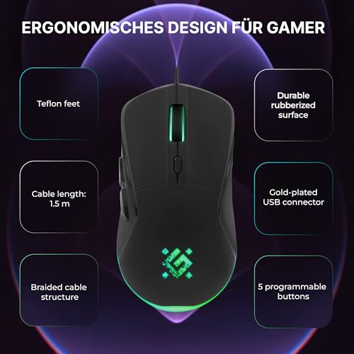 Defender Arga GM-049 - Gaming Maus kabelgebunden, RGB-Beleuchtung, 4 DPI-Stufen 1200–3600, 5 programmierbare Tasten, ergonomisch, optischer Sensor, beleuchtetes Scrollrad, inkl. Mauspad Bild 4
