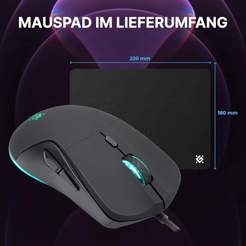 Defender Arga GM-049 - Gaming Maus kabelgebunden, RGB-Beleuchtung, 4 DPI-Stufen 1200–3600, 5 programmierbare Tasten, ergonomisch, optischer Sensor, beleuchtetes Scrollrad, inkl. Mauspad Bild 5