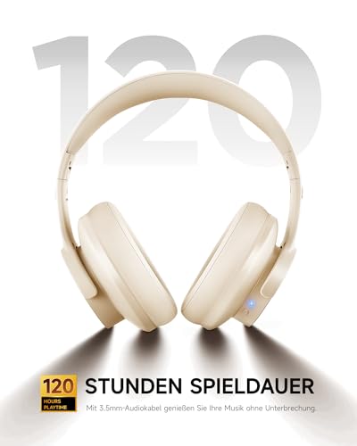 Picun B8 Bluetooth Kopfhörer, 120 Std. Spielzeit Kabelloser Bluetooth Kopfhörer mit 3 EQ-Modi, Geringe Latenz, Freisprechfunktion, Over-Ear-Kopfhörer für Reisen, Home Office, Handy, PC Khaki Weiß Bild 3