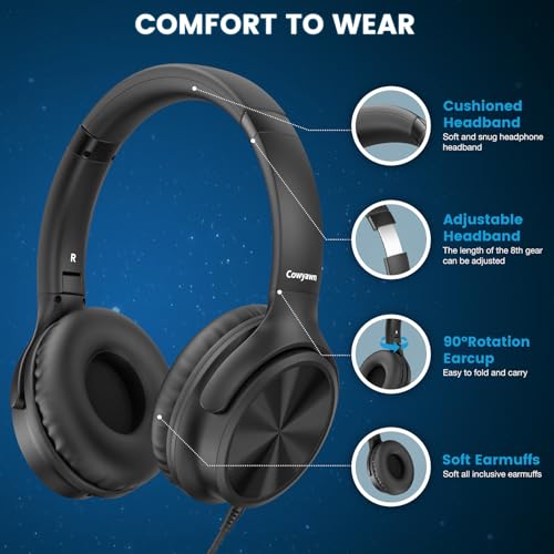 Cowyawn USB-C-Kopfhörer kabelgebunden, Over-Ear-Kopfhörer mit Mikrofon, Lautstärkeregler, HD-Stereo-Sound, faltbare,leichte Kopfhörer für Erwachsene/Teenager/Chromebooks/Laptop/Computer/Reisen,Schwarz Bild 3