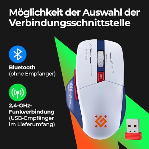 Defender Tisa GM-126 Kabellose Gaming Maus, Bluetooth & 2.4 GHz, 1600 DPI, 400 mAh Akku, leise Tasten, RGB Beleuchtung, USB-C Maus Bild 3