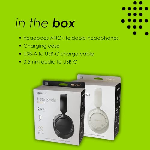 Boompods Headpods ANC+ Geräuschunterdrückende Kopfhörer - Over-Ear Bluetooth Kopfhörer mit Mikrofon, 55+ Std. Spielzeit und Pillowfoam-Polster, Faltbarer Over-Ear Headset und Reisetasche, Schwarz Bild 7