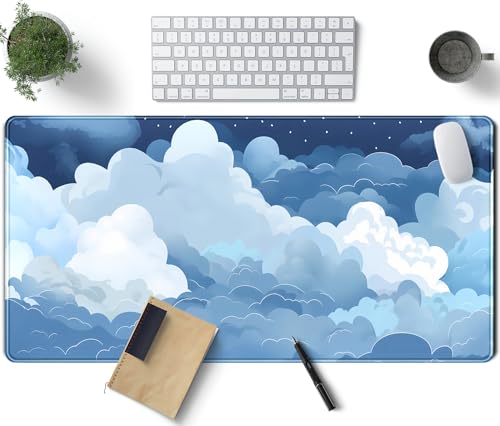 Ästhetische blaue und weiße geschwollene Wolken Schreibtischmatte, XXL, großes Kawaii-Blau, erweitertes Gaming-Mauspad mit genähten Kanten, niedliche große Laptop-Tastatur und Mauspad für Frauen, Bild 1