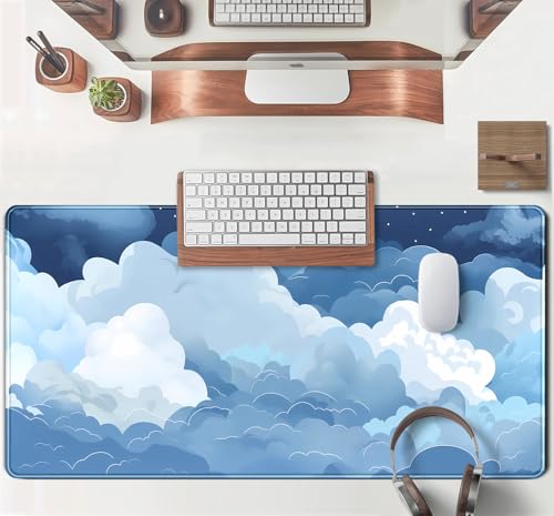 Ästhetische blaue und weiße geschwollene Wolken Schreibtischmatte, XXL, großes Kawaii-Blau, erweitertes Gaming-Mauspad mit genähten Kanten, niedliche große Laptop-Tastatur und Mauspad für Frauen, Bild 2