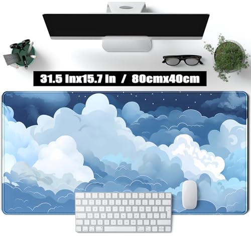 Ästhetische blaue und weiße geschwollene Wolken Schreibtischmatte, XXL, großes Kawaii-Blau, erweitertes Gaming-Mauspad mit genähten Kanten, niedliche große Laptop-Tastatur und Mauspad für Frauen, Bild 3