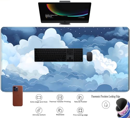 Ästhetische blaue und weiße geschwollene Wolken Schreibtischmatte, XXL, großes Kawaii-Blau, erweitertes Gaming-Mauspad mit genähten Kanten, niedliche große Laptop-Tastatur und Mauspad für Frauen, Bild 4