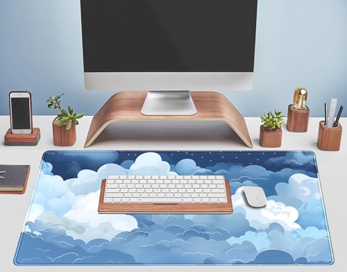Ästhetische blaue und weiße geschwollene Wolken Schreibtischmatte, XXL, großes Kawaii-Blau, erweitertes Gaming-Mauspad mit genähten Kanten, niedliche große Laptop-Tastatur und Mauspad für Frauen, Bild 5