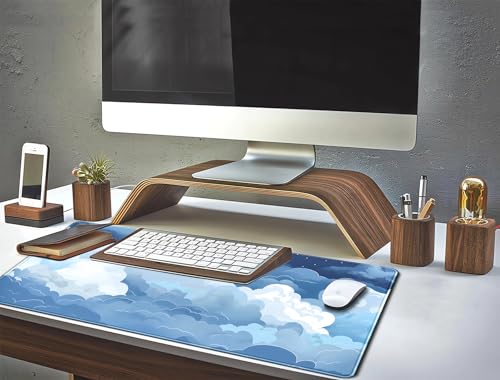 Ästhetische blaue und weiße geschwollene Wolken Schreibtischmatte, XXL, großes Kawaii-Blau, erweitertes Gaming-Mauspad mit genähten Kanten, niedliche große Laptop-Tastatur und Mauspad für Frauen, Bild 6