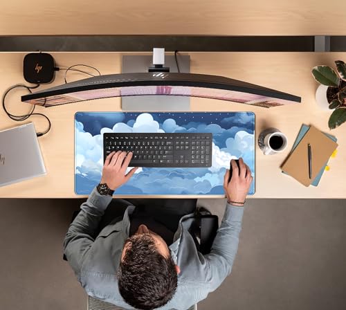 Ästhetische blaue und weiße geschwollene Wolken Schreibtischmatte, XXL, großes Kawaii-Blau, erweitertes Gaming-Mauspad mit genähten Kanten, niedliche große Laptop-Tastatur und Mauspad für Frauen, Bild 7