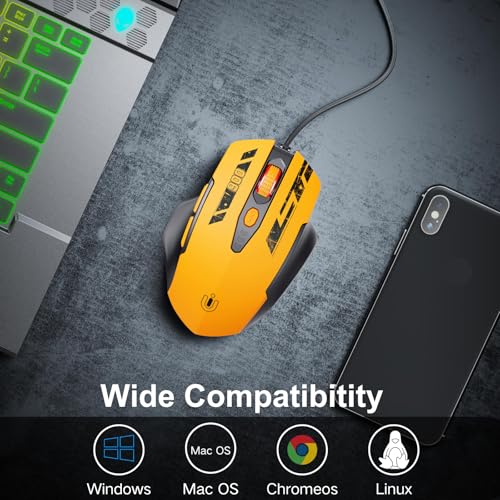 Uineer Maus Mit Kabel, ergonomisches Design, bis zu 7200 DPI einstellbar mit 6 Tasten, Computer Maus PC Laptop Computer,Plug & Play,Mattes Gelb Bild 4