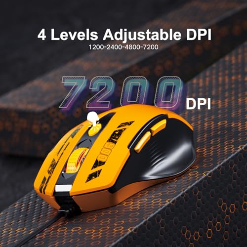 Uineer Maus Mit Kabel, ergonomisches Design, bis zu 7200 DPI einstellbar mit 6 Tasten, Computer Maus PC Laptop Computer,Plug & Play,Mattes Gelb Bild 5