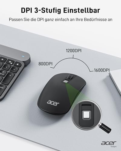 Acer Ultradünne Maus Kabellose, Tragbare 2,4 GHz Funkmaus, Wireless Mouse mit 800/1200/1600 einstellbare DPI, 4 Tasten Kabellos Computermaus, Maus Kabellos Laptop, Dell XPS, ASUS, Surface Bild 2