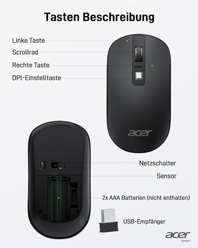 Acer Ultradünne Maus Kabellose, Tragbare 2,4 GHz Funkmaus, Wireless Mouse mit 800/1200/1600 einstellbare DPI, 4 Tasten Kabellos Computermaus, Maus Kabellos Laptop, Dell XPS, ASUS, Surface Bild 5