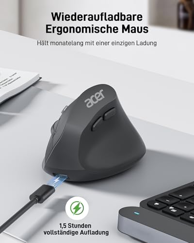 Acer Ergonomische Maus Kabellos, Wiederaufladbare 2.4GHz Vertikale Maus mit 3 Einstellbaren DPI, 6 Tasten, Ergonomisch Büromaus Vertical Wireless Mouse für Windows, mac OS, Linux, Chrome OS, usw. Bild 2