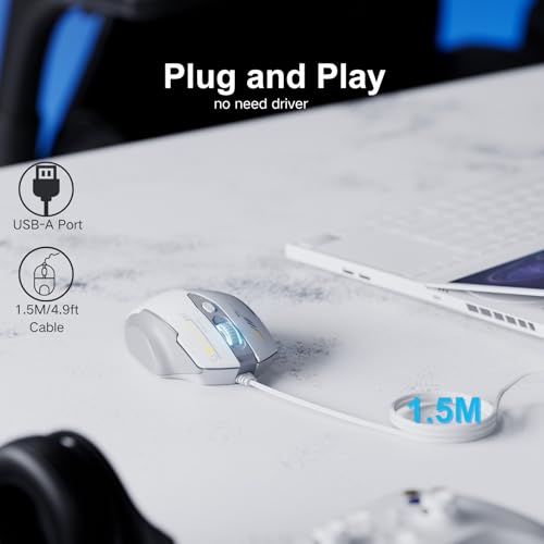 Uineer Maus Mit Kabel, ergonomisches Design, bis zu 7200 DPI einstellbar mit 6 Tasten, Computer Maus PC Laptop Computer,Plug & Play,Grau und Weiß Bild 3