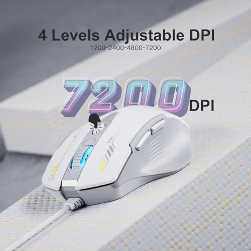Uineer Maus Mit Kabel, ergonomisches Design, bis zu 7200 DPI einstellbar mit 6 Tasten, Computer Maus PC Laptop Computer,Plug & Play,Grau und Weiß Bild 4