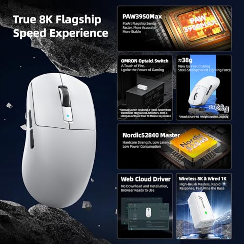 MAMBASNAKE x Attack Shark R6 Superlight Gaming Mouse, PixArt PAW3950MAX Sensor, 8K Wireless/BT/2.4G, 42000 DPI, for Win11/Xbox/PS/Mac - White Bild 3