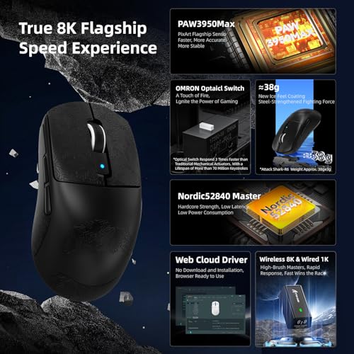 MAMBASNAKE x ATTACK SHARK R6 39g SUPERLIGHT Mouse with Grip Tape, PixArt PAW3950MAX Gaming Sensor, Wireless 8K, MCU Nodic 52840, BT/2.4G/Wired Gaming Mouse, Adjustable DPI 42000, for Win11/Xbox/PS/Mac Bild 3