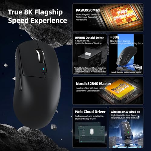 MAMBASNAKE x ATTACK SHARK R6 39g Superlight Maus, PixArt PAW3950MAX Sensor, 8K Wireless Gaming Mouse, MCU Nodic 52840, BT/2.4G/Wired, DPI 42000, für Win11/Xbox/PS/Mac - Black Bild 2