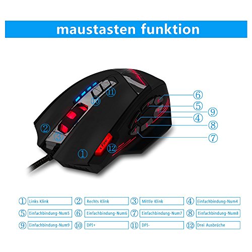 zelotes Kabelgebundene Gaming Maus mit 4000 DPI,12 programmierbarem Tasten,Verstellbarem Gewicht,RGB-Beleuchtung,Ergonomische Design,Maus mit Kabel für PC,Mac,Laptop,Schwarz Bild 4