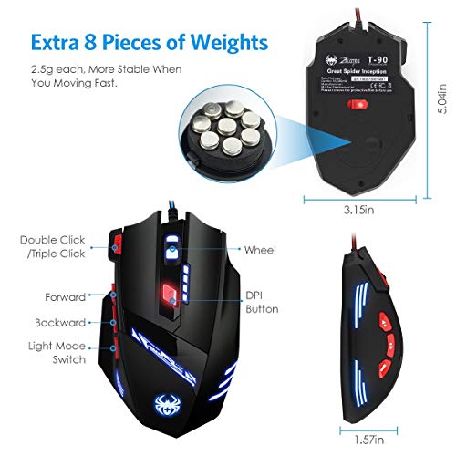 zelotes Kabelgebundene Gaming Maus mit 9200 DPI,8 programmierbarem Tasten,Verstellbarem Gewicht,RGB-Beleuchtung,Ergonomische Design,Maus mit Kabel für PC,Mac,Laptop,Schwarz Bild 5