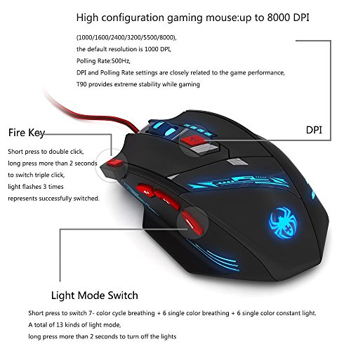 zelotes Kabelgebundene Gaming Maus mit 9200 DPI,8 programmierbarem Tasten,Verstellbarem Gewicht,RGB-Beleuchtung,Ergonomische Design,Maus mit Kabel für PC,Mac,Laptop,Schwarz Bild 6