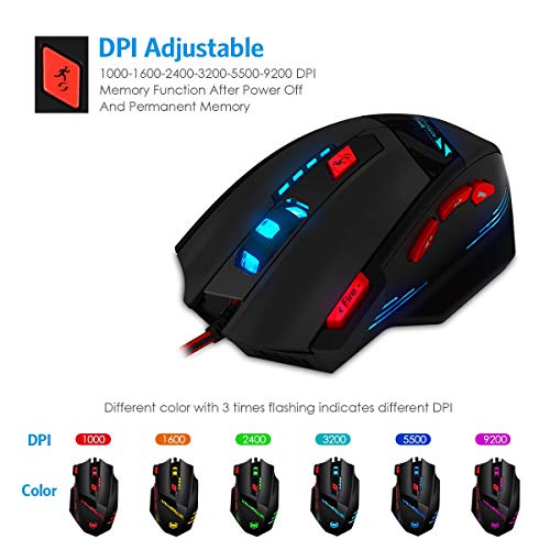 zelotes Kabelgebundene Gaming Maus mit 9200 DPI,8 programmierbarem Tasten,Verstellbarem Gewicht,RGB-Beleuchtung,Ergonomische Design,Maus mit Kabel für PC,Mac,Laptop,Schwarz Bild 7