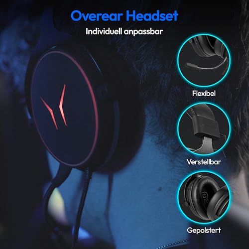 ERAZER Mage P20 Gaming Headset (240cm Kabel, Over Ear, Flexibles & abnehmbares Mikrofon, Fernbedienung, RGB Beleuchtung, 3,5mm Audio, USB, ES9260Q Soundchip) Bild 5