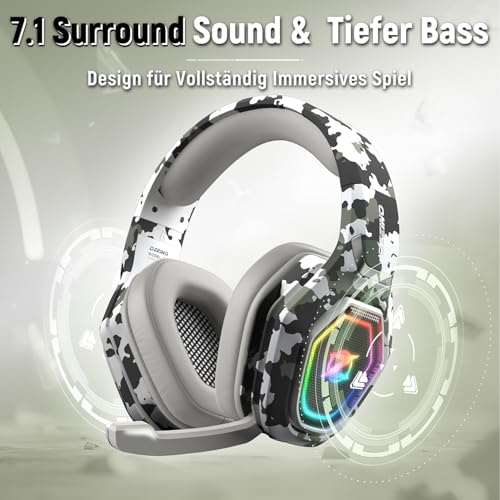 Ozeino 2.4GHz Gaming Headset Wireless mit Mikrofon Geräuschunterdrückung für Ps5/PC/Ps4/Mac, Bluetooth Headset mit RGB Licht, Gaming kopfhörer 40H+ Akkulaufzeit Bild 3