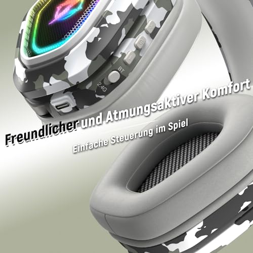 Ozeino 2.4GHz Gaming Headset Wireless mit Mikrofon Geräuschunterdrückung für Ps5/PC/Ps4/Mac, Bluetooth Headset mit RGB Licht, Gaming kopfhörer 40H+ Akkulaufzeit Bild 4
