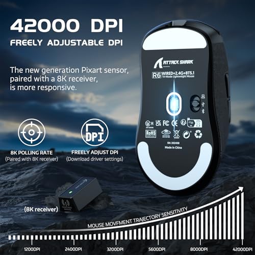 ATTACK SHARK R6 Kabellose 8-kHz-Gaming-Maus, SUPERLEICHT 39g, Nordic 52840 MCU, PixArt PAW3950MAX-Sensor, BT/2,4 G/kabelgebunden, 6 einstellbare DPI bis zu 42000, 250-mAh-Akku, PC/Mac(Schwarz + Band) Bild 5