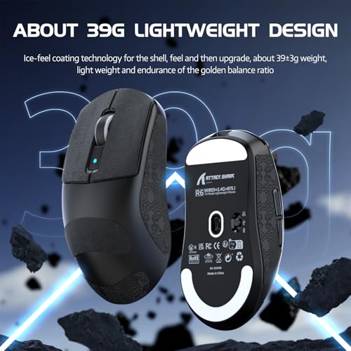 ATTACK SHARK R6 Kabellose 8-kHz-Gaming-Maus, SUPERLEICHT 39g, Nordic 52840 MCU, PixArt PAW3950MAX-Sensor, BT/2,4 G/kabelgebunden, 6 einstellbare DPI bis zu 42000, 250-mAh-Akku, PC/Mac(Schwarz + Band) Bild 6