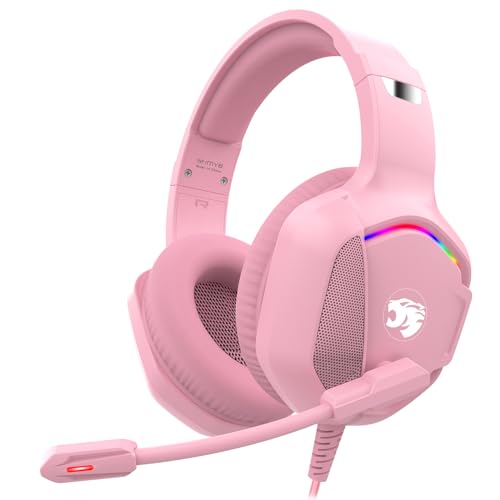 IMYB A36 Gaming Headset mit Mikrofon für Pc, Xbox One Series X/s, Ps4, Ps5, Stereo Surround Noise Cancelling kopfhörer mit Mic RGB Licht für Mac, Laptop, Gamer（Rosa） Bild 1