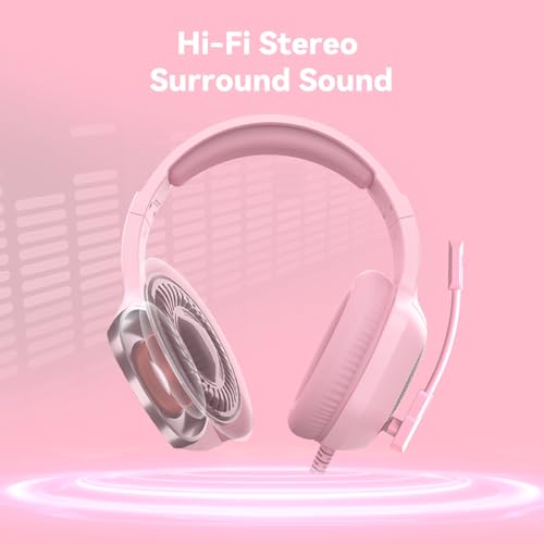 IMYB A36 Gaming Headset mit Mikrofon für Pc, Xbox One Series X/s, Ps4, Ps5, Stereo Surround Noise Cancelling kopfhörer mit Mic RGB Licht für Mac, Laptop, Gamer（Rosa） Bild 2