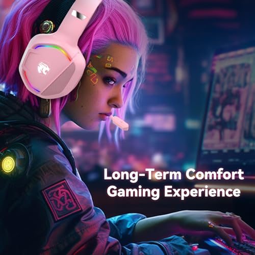 IMYB A36 Gaming Headset mit Mikrofon für Pc, Xbox One Series X/s, Ps4, Ps5, Stereo Surround Noise Cancelling kopfhörer mit Mic RGB Licht für Mac, Laptop, Gamer（Rosa） Bild 4