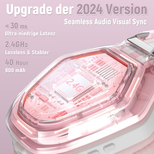 Ozeino OW810 Gaming Headset Mit Mikrofon Geräuschunterdrückung für Ps5/PC/Ps4/Mac, 2.4GHz Wireless Headset mit Bluetooth, Gaming kopfhörer 40H+ Akkulaufzeit - Rosa Bild 2