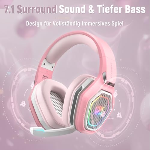 Ozeino OW810 Gaming Headset Mit Mikrofon Geräuschunterdrückung für Ps5/PC/Ps4/Mac, 2.4GHz Wireless Headset mit Bluetooth, Gaming kopfhörer 40H+ Akkulaufzeit - Rosa Bild 3