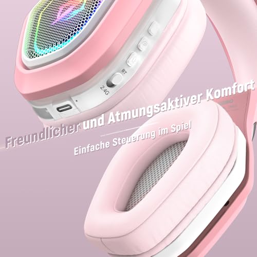 Ozeino OW810 Gaming Headset Mit Mikrofon Geräuschunterdrückung für Ps5/PC/Ps4/Mac, 2.4GHz Wireless Headset mit Bluetooth, Gaming kopfhörer 40H+ Akkulaufzeit - Rosa Bild 4