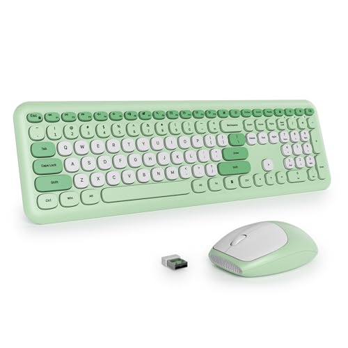 Tastatur und Maus Kabellos, Retro Bunt Tastatur Funktastatur mit Stille Mouse Amerikanisch QWERTY , Cute Wireless Schreibmaschine Tastaturin in Voller Größe USB 2.4GHz für PC 666pro-Green Bild 1