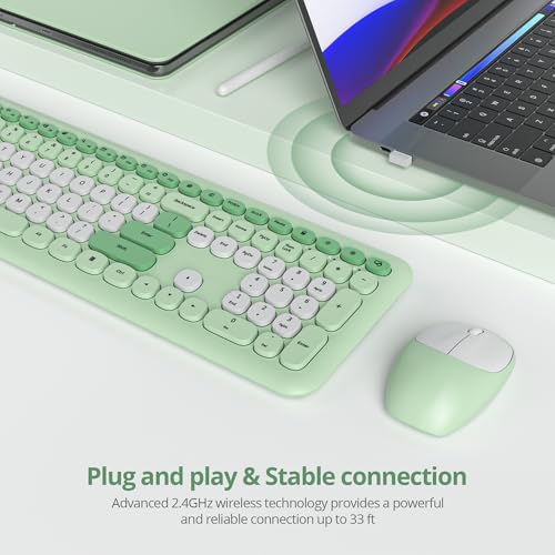 Tastatur und Maus Kabellos, Retro Bunt Tastatur Funktastatur mit Stille Mouse Amerikanisch QWERTY , Cute Wireless Schreibmaschine Tastaturin in Voller Größe USB 2.4GHz für PC 666pro-Green Bild 2