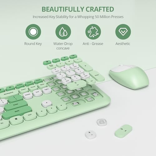 Tastatur und Maus Kabellos, Retro Bunt Tastatur Funktastatur mit Stille Mouse Amerikanisch QWERTY , Cute Wireless Schreibmaschine Tastaturin in Voller Größe USB 2.4GHz für PC 666pro-Green Bild 3