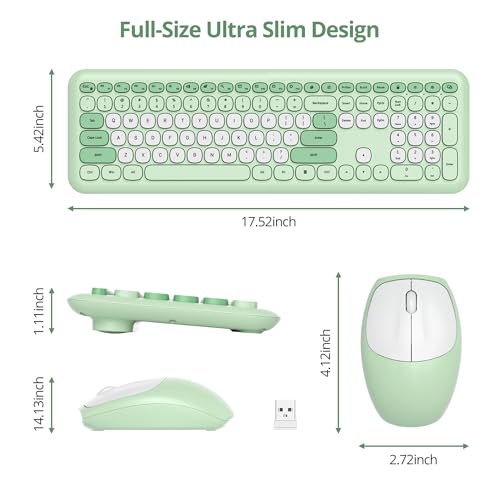 Tastatur und Maus Kabellos, Retro Bunt Tastatur Funktastatur mit Stille Mouse Amerikanisch QWERTY , Cute Wireless Schreibmaschine Tastaturin in Voller Größe USB 2.4GHz für PC 666pro-Green Bild 4