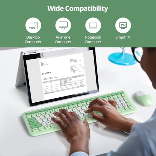 Tastatur und Maus Kabellos, Retro Bunt Tastatur Funktastatur mit Stille Mouse Amerikanisch QWERTY , Cute Wireless Schreibmaschine Tastaturin in Voller Größe USB 2.4GHz für PC 666pro-Green Bild 5