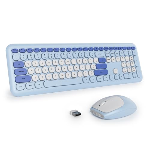 Tastatur und Maus Kabellos, Retro Bunt Tastatur Funktastatur mit Stille Mouse Amerikanisch QWERTY, Cute Wireless Schreibmaschine Tastaturin in Voller Größe USB 2.4GHz für PC 666pro-Blue Bild 1