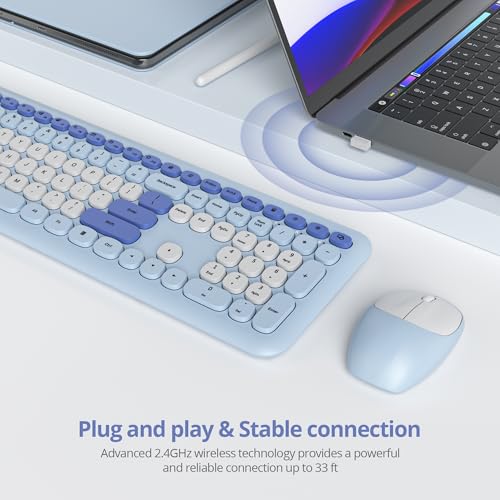Tastatur und Maus Kabellos, Retro Bunt Tastatur Funktastatur mit Stille Mouse Amerikanisch QWERTY, Cute Wireless Schreibmaschine Tastaturin in Voller Größe USB 2.4GHz für PC 666pro-Blue Bild 2