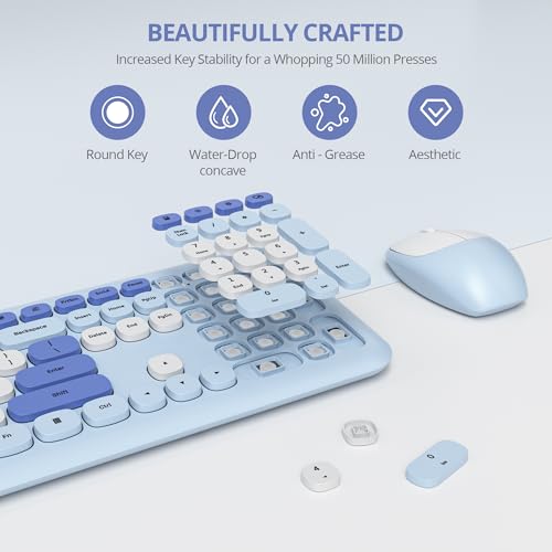 Tastatur und Maus Kabellos, Retro Bunt Tastatur Funktastatur mit Stille Mouse Amerikanisch QWERTY, Cute Wireless Schreibmaschine Tastaturin in Voller Größe USB 2.4GHz für PC 666pro-Blue Bild 3